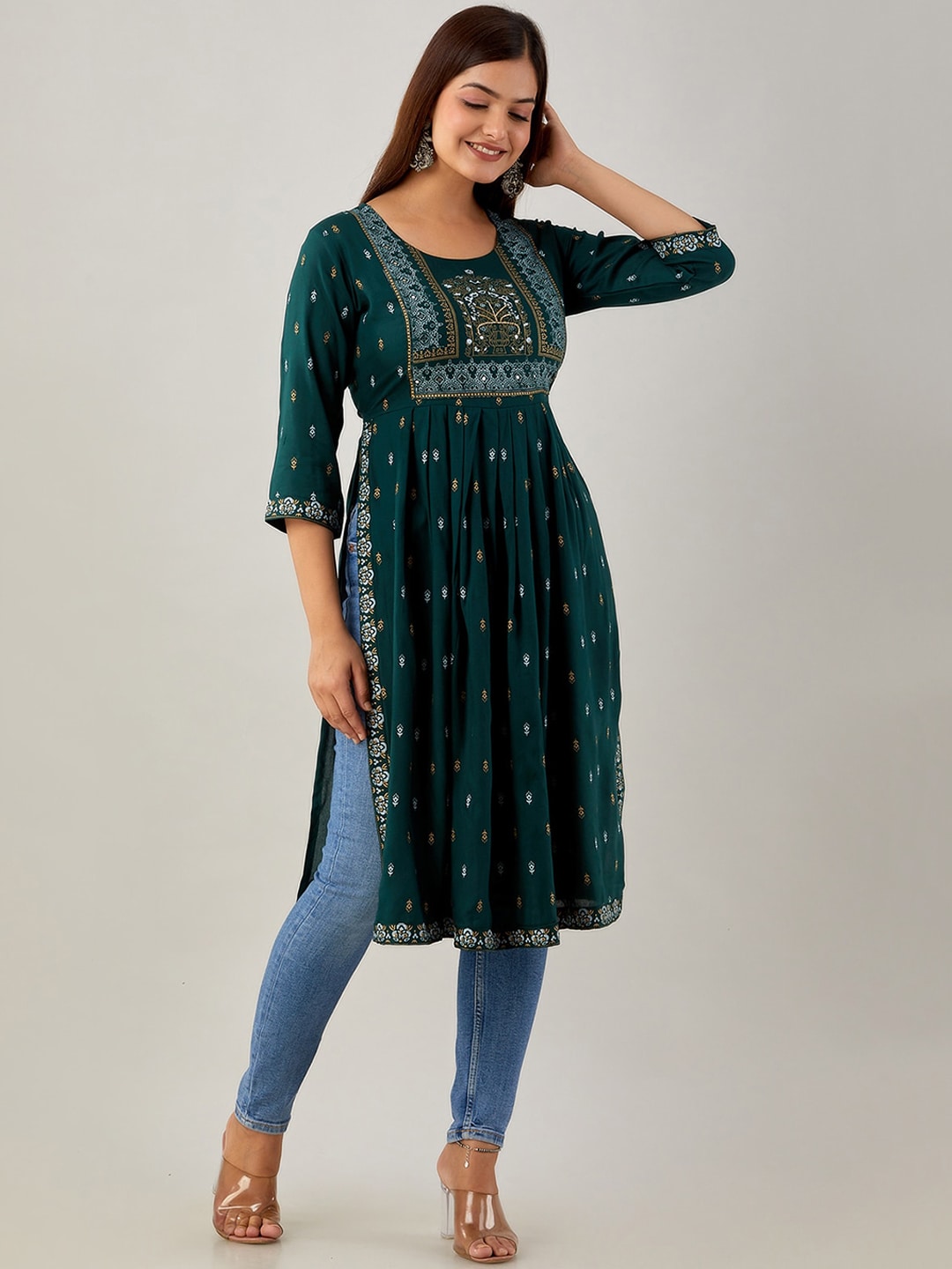 Kalini Ethnic Motifs Printed Mirror Work Kurta - Swadesiicart