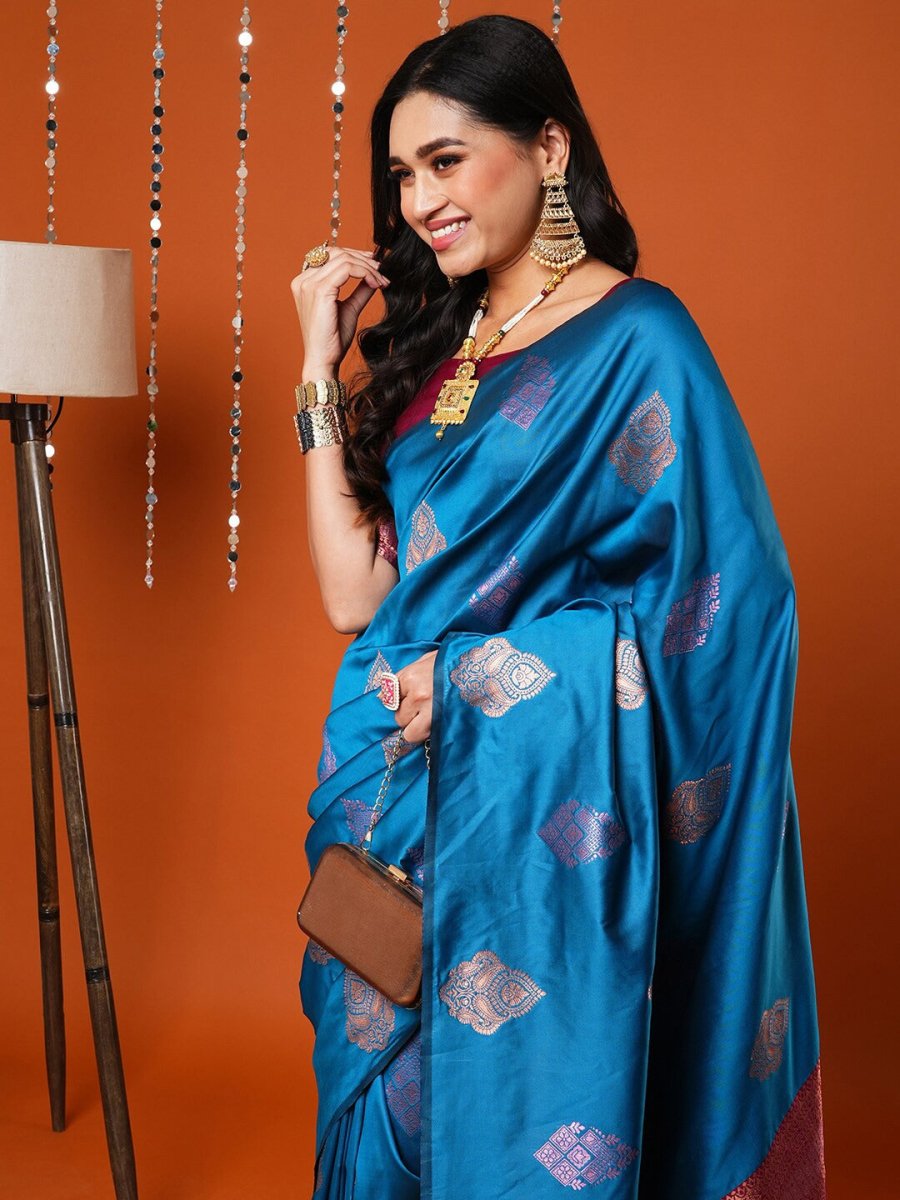Anouk Blue & Gold-Toned Ethnic Motifs Woven Design Banarasi Saree | Swadesiicart