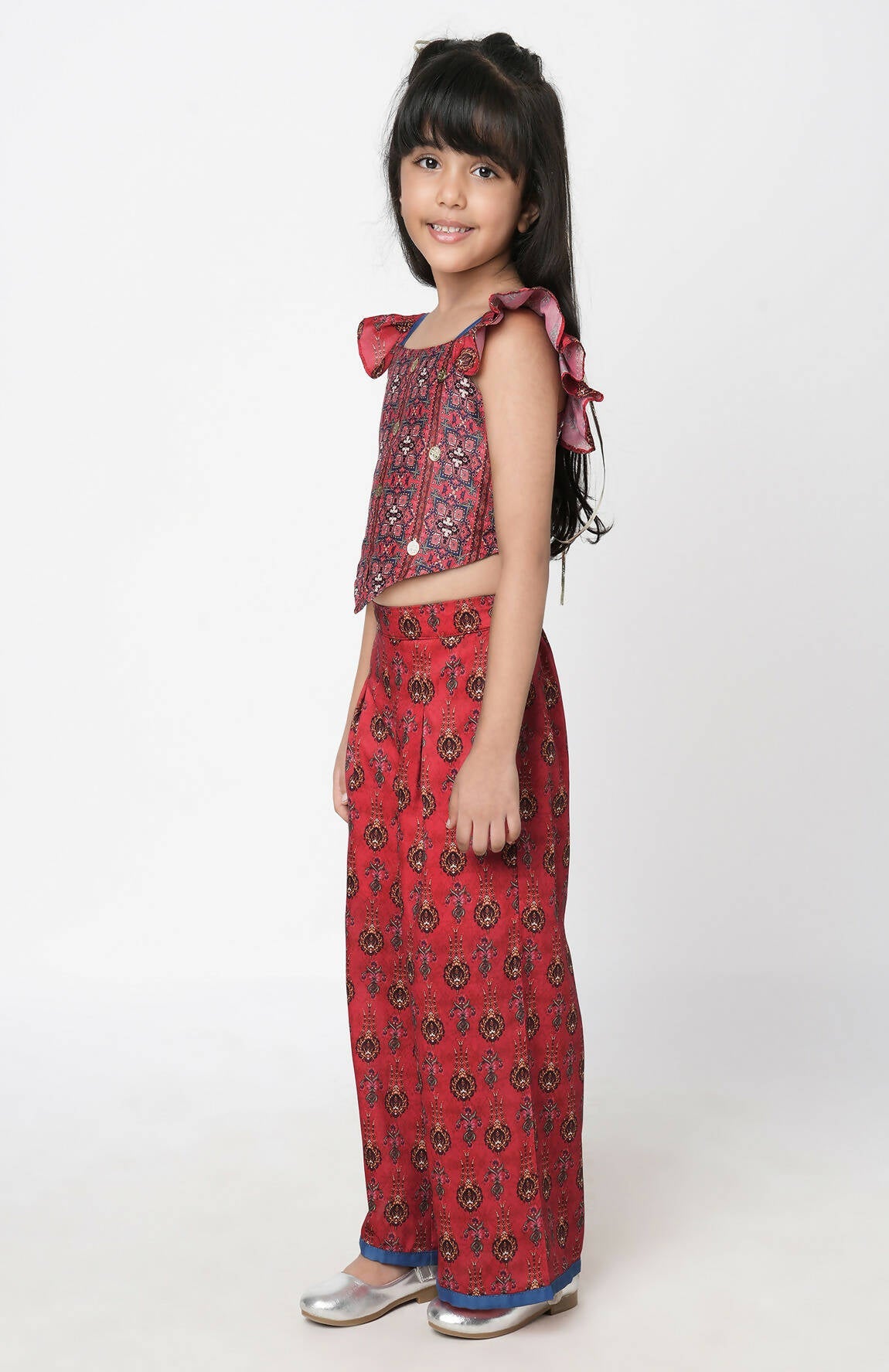 Lil Drama Ethnic Twist Girls Red Print Box Pleat Pant With Top Co-Ordinate Set - Swadesiicart
