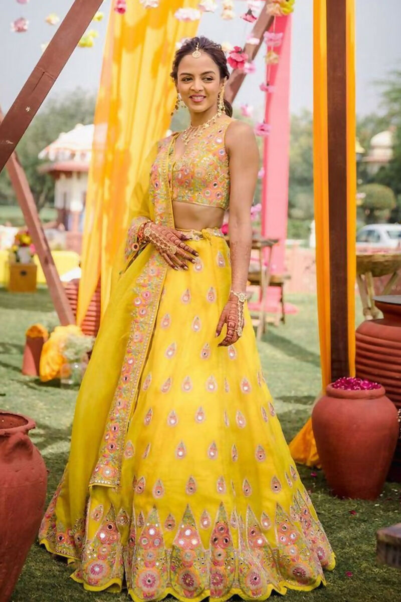 Jyoti Fashion Yellow Thread with Mirror Embroidery Georgette Lehenga Choli with Dupatta | Swadesiicart