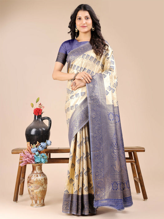 Astita Aura Silk Cream Navy Blue Banarasi Silk Saree | Swadesiicart