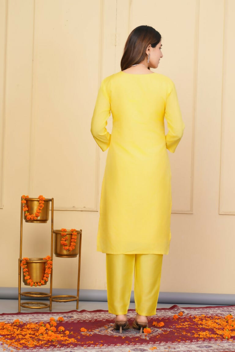 Yellow Viscose Organza Jacquard Embroidered Stitched Suit With Dupatta - Tanisha | Swadesiicart