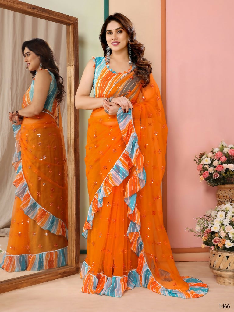 Partywear Designer Orange Net Fancy Saree - Dyuti | Swadesiicart