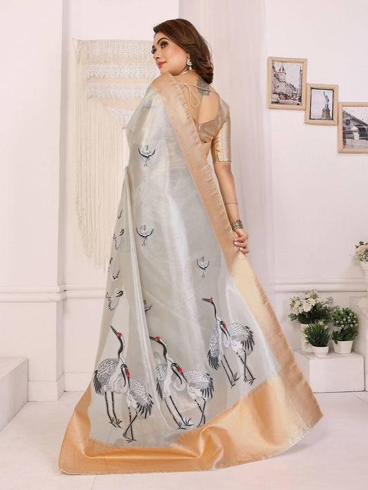 Joban Fashion Golden Cranes Patterns Banarasi Silk Sarees | Swadesiicart