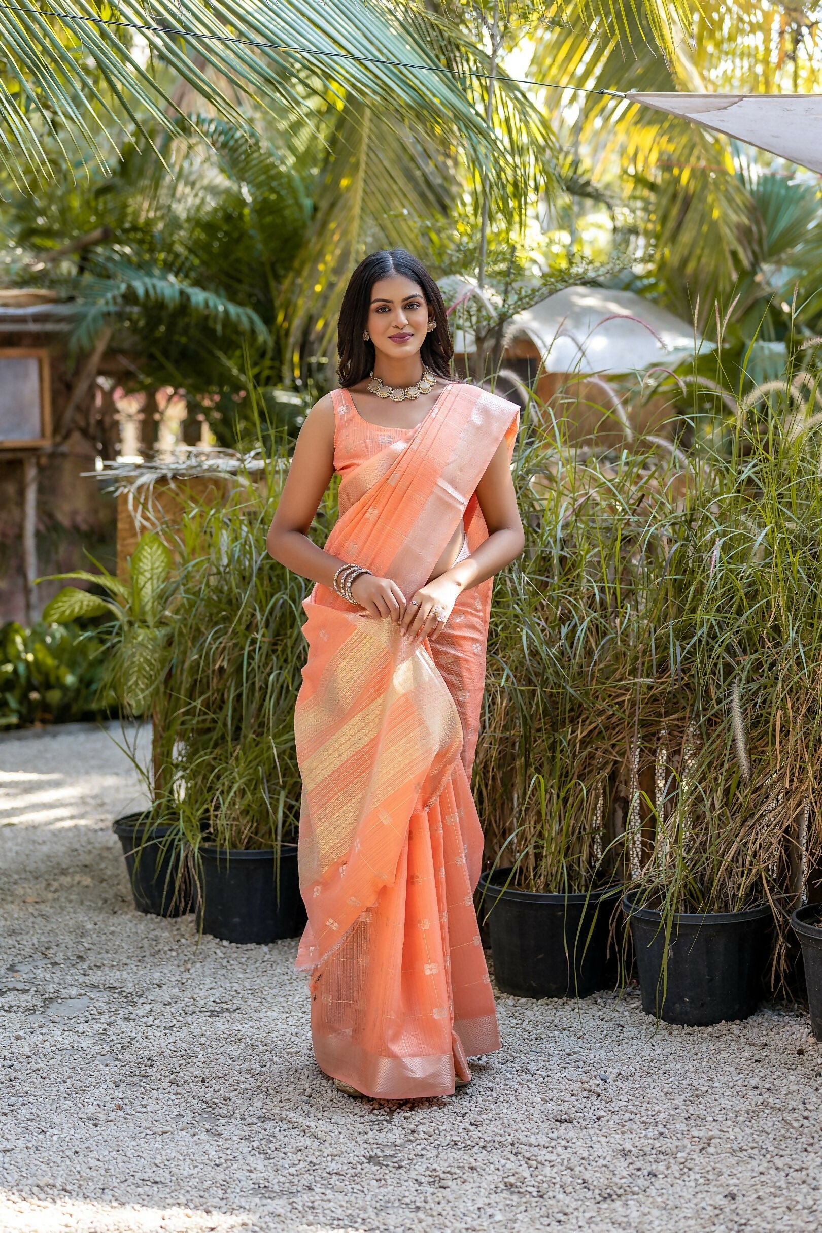Vishnu Weaves Women's Orange Pure Cotton Zari Woven Saree with Blouse - Swadesiicart