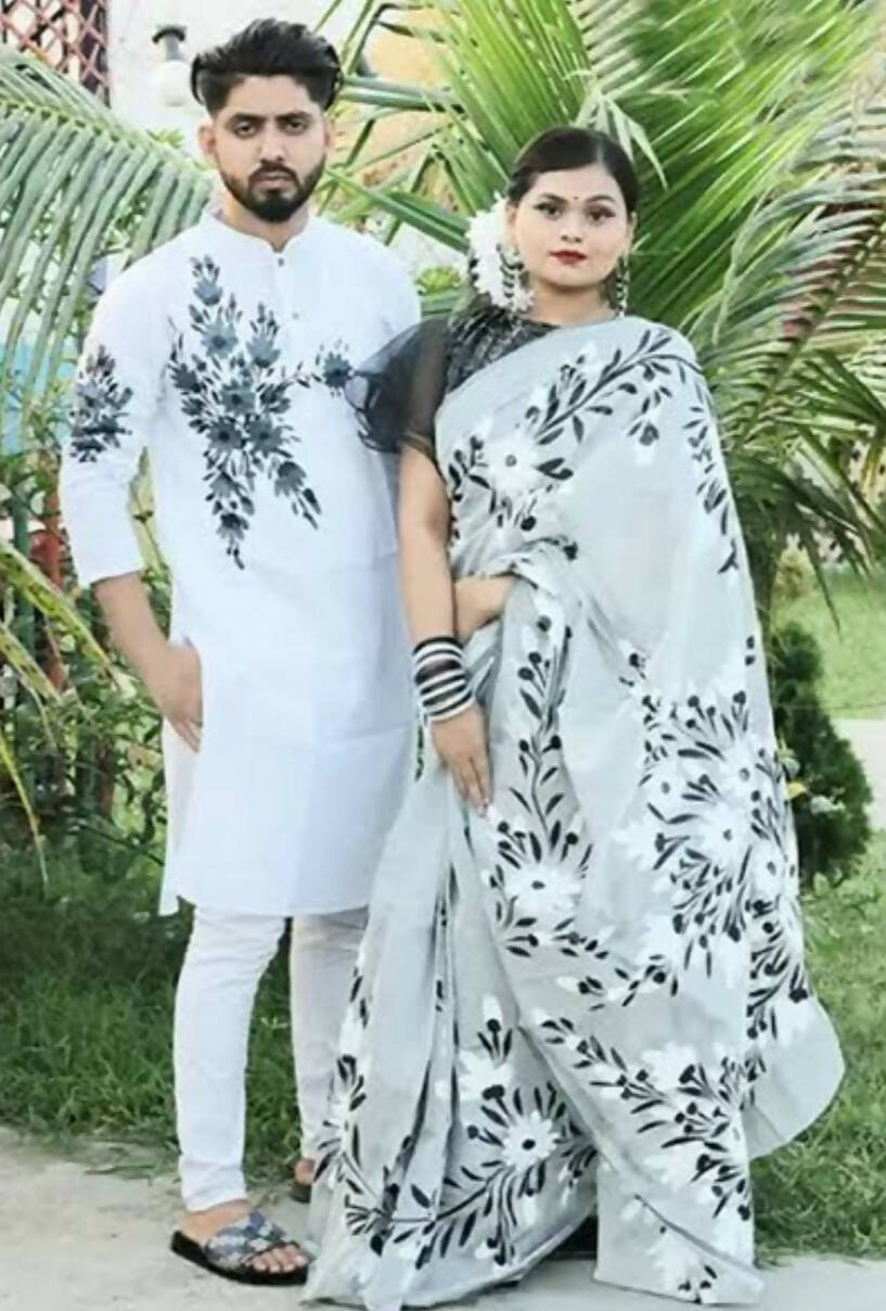 Exclusive Collection Elegant Hand Printing Designe On Pure Cotton Saree And Men's Kurta - White | Swadesiicart
