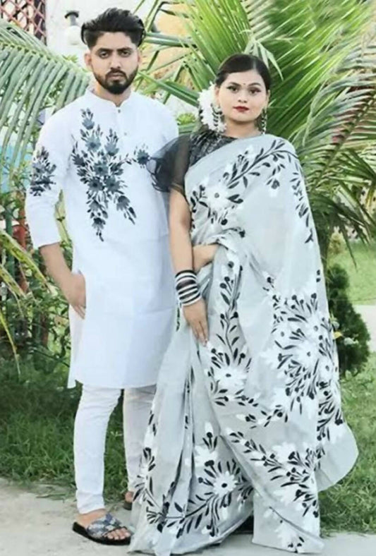 Exclusive Collection Elegant Hand Printing Designe On Pure Cotton Saree And Men's Kurta - White | Swadesiicart