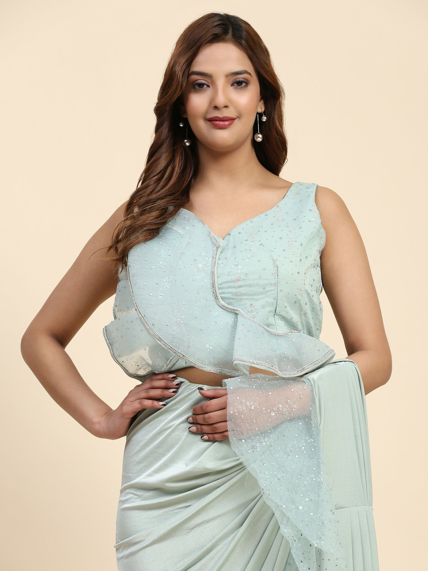 Light Blue Lycra Solid Ready to Wear Saree with stitched Blouse - Nita | Swadesiicart