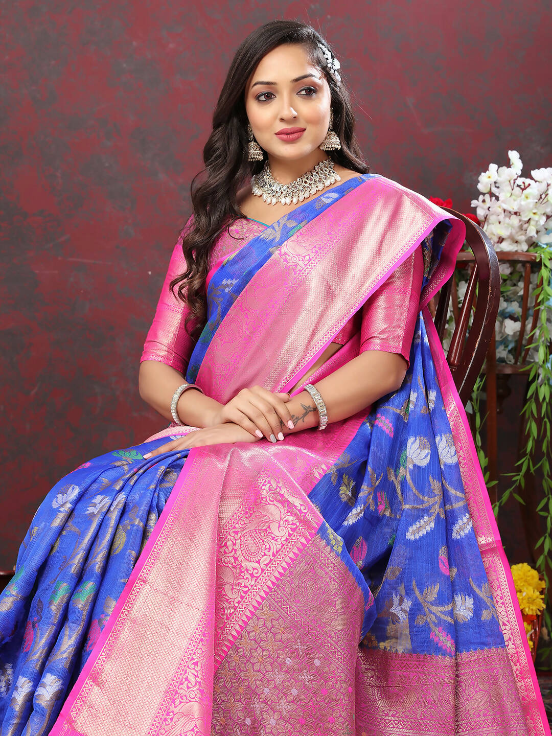 Lorenvalley Fashion Blue Cotton Woven Design Zari Meenakari Weaving Saree - Swadesiicart