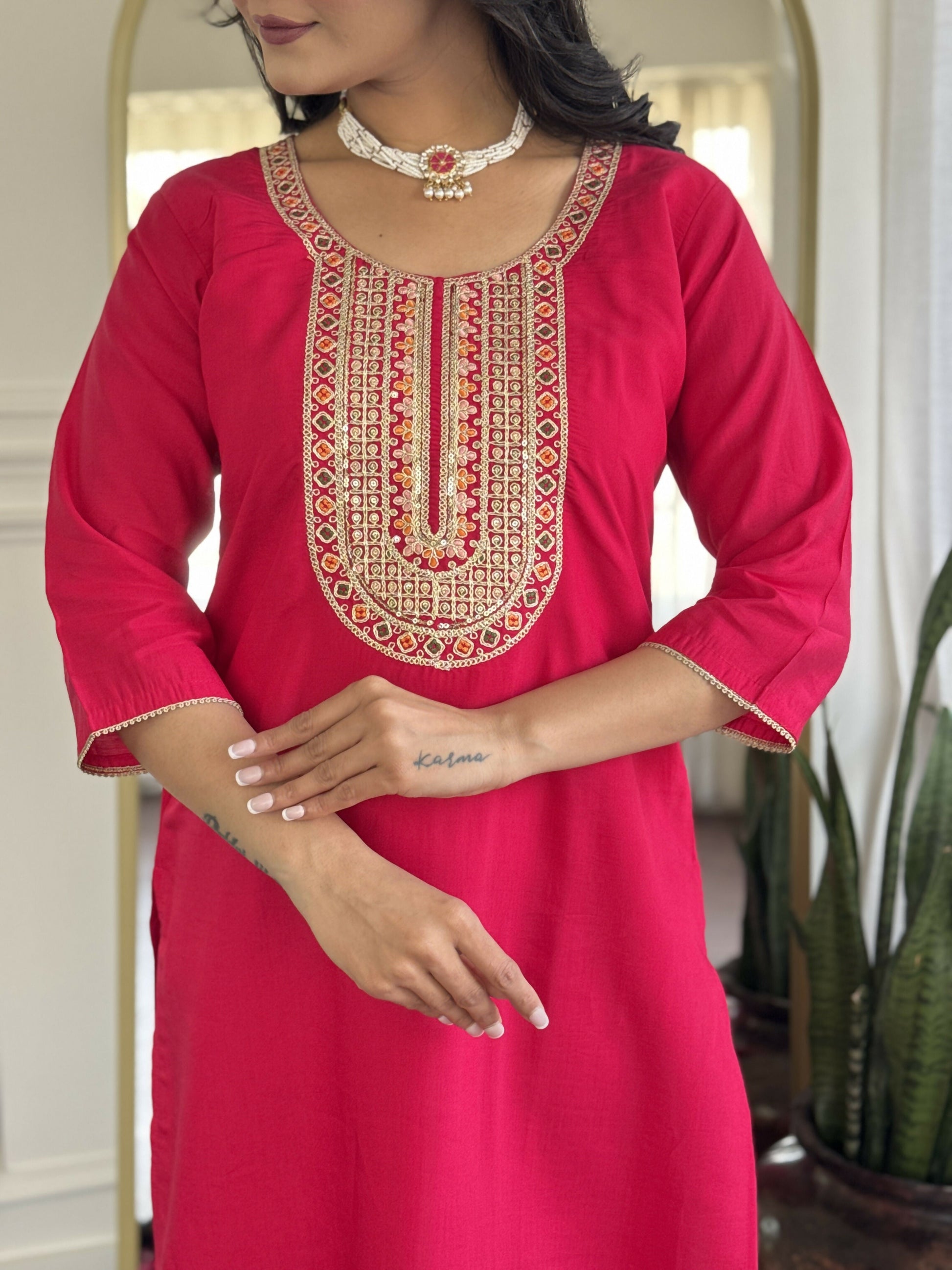 The52 Rani Gorgeous Embroidered Chanderi Silk Fabric Straight Kurta Pant with Dupatta Set - Swadesiicart