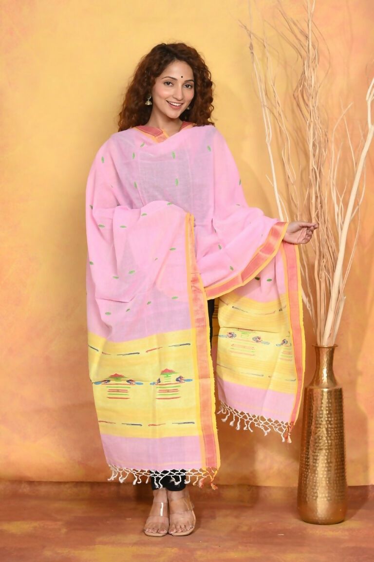 Very Much Indian Handloom Pure Cotton Paithani Dupatta Pink | Swadesiicart