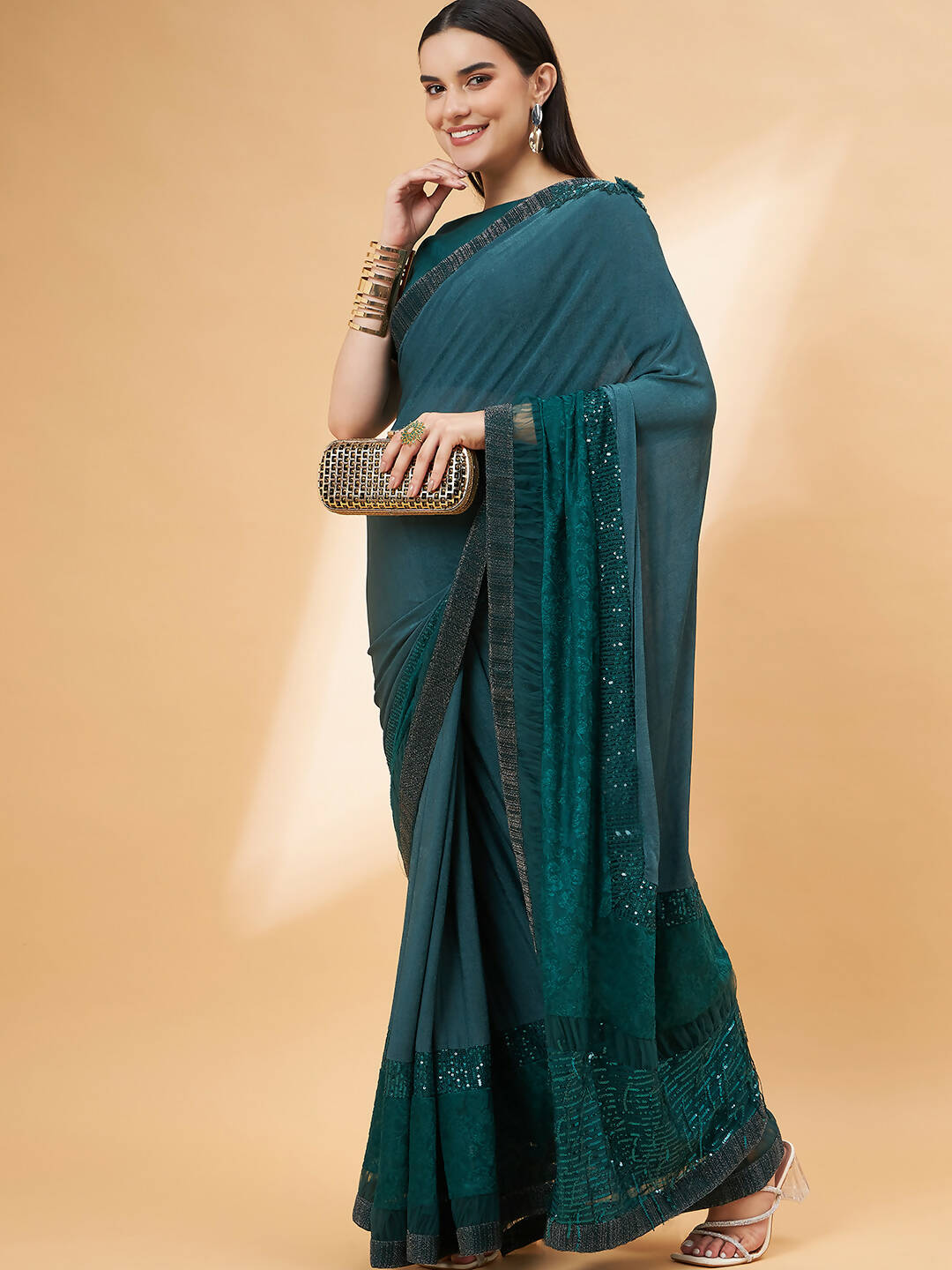 Green Lycra Flock Work, Seuqins Embroidery, Handwork Shoulder Butta Saree - Norita Hit Design - Swadesiicart