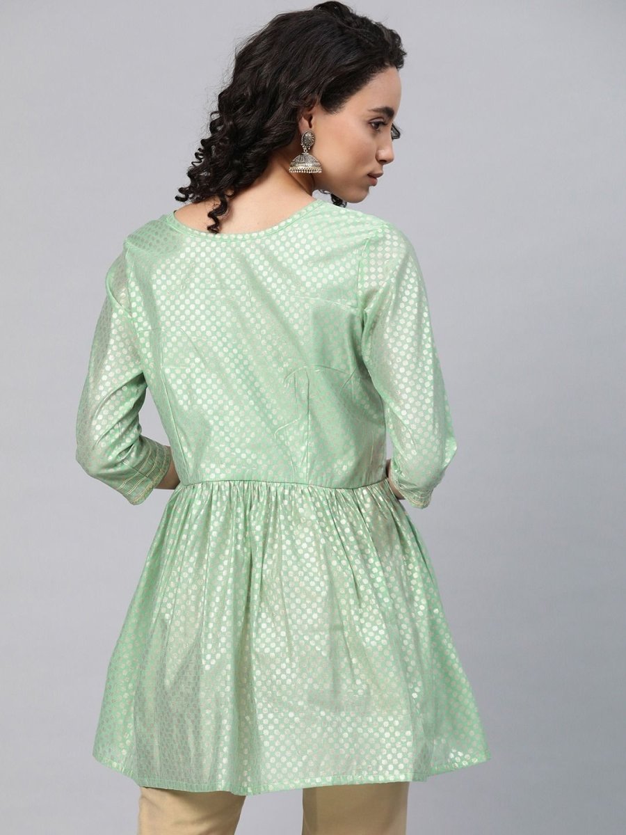 Ahalyaa Women Sea Green Chanderi Silk Golden Printed Tunic | Swadesiicart