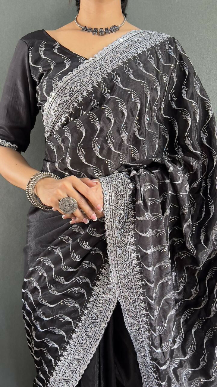 Vastranavya Black Chinnon Silk Embroidery Multi Sequence & Arco Cut Work Ready to Wear Saree | Swadesiicart
