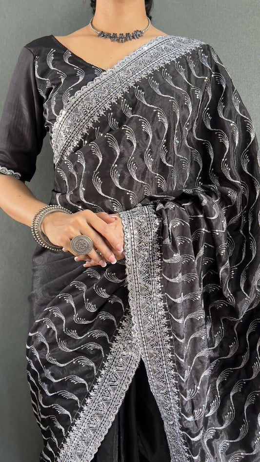Vastranavya Black Chinnon Silk Embroidery Multi Sequence & Arco Cut Work Ready to Wear Saree | Swadesiicart