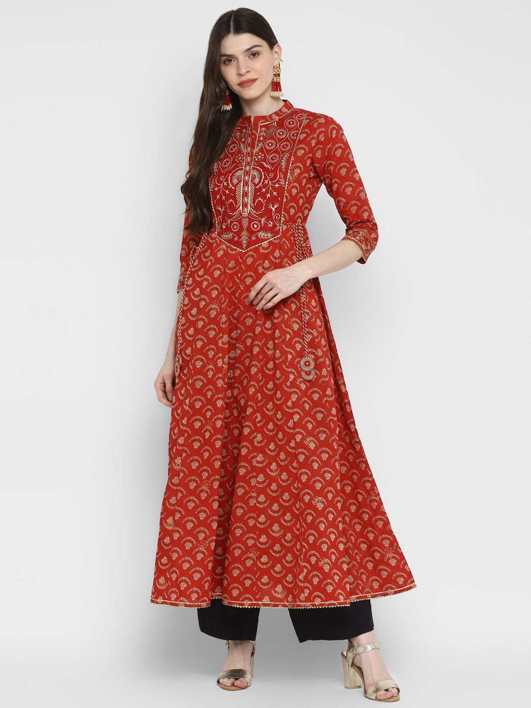 NOZ2TOZ Women's Embroidered & Printed Anarkali Cotton Red Kurta - Noz2Toz
