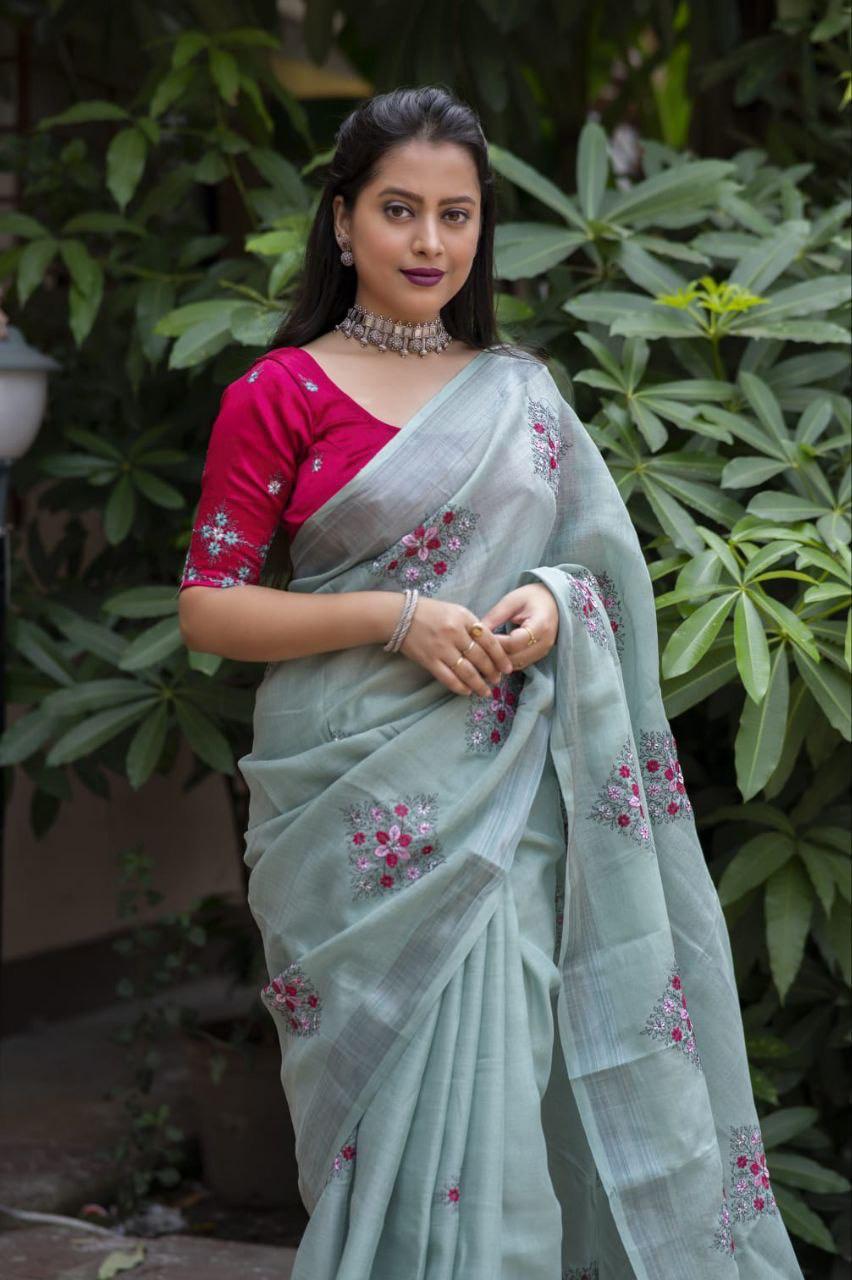 Pine Pure Linen Ethnic Motifs Saree with Unstitched Blouse - Hiral Fashion | Swadesiicart