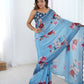 Blue Chinon Designer Digital Printed,Mirror Cut Work Saree - Elayna