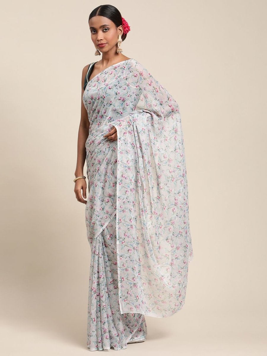 Ahalyaa Women's Grey Chiffon Digital Print Floral Saree | Swadesiicart