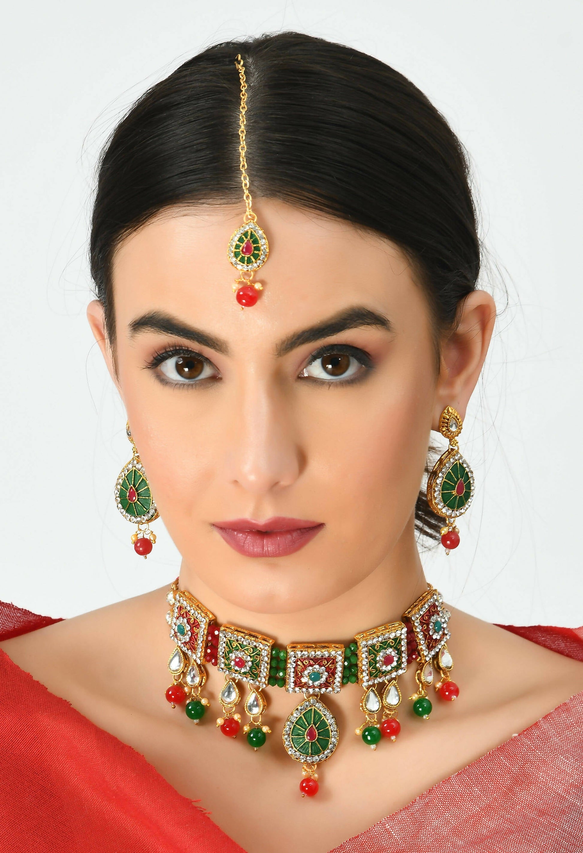 Mominos Fashion Johar Kamal Gold-Polished Brass Finish Meena & Pearls Work Choker For Women | Swadesiicart