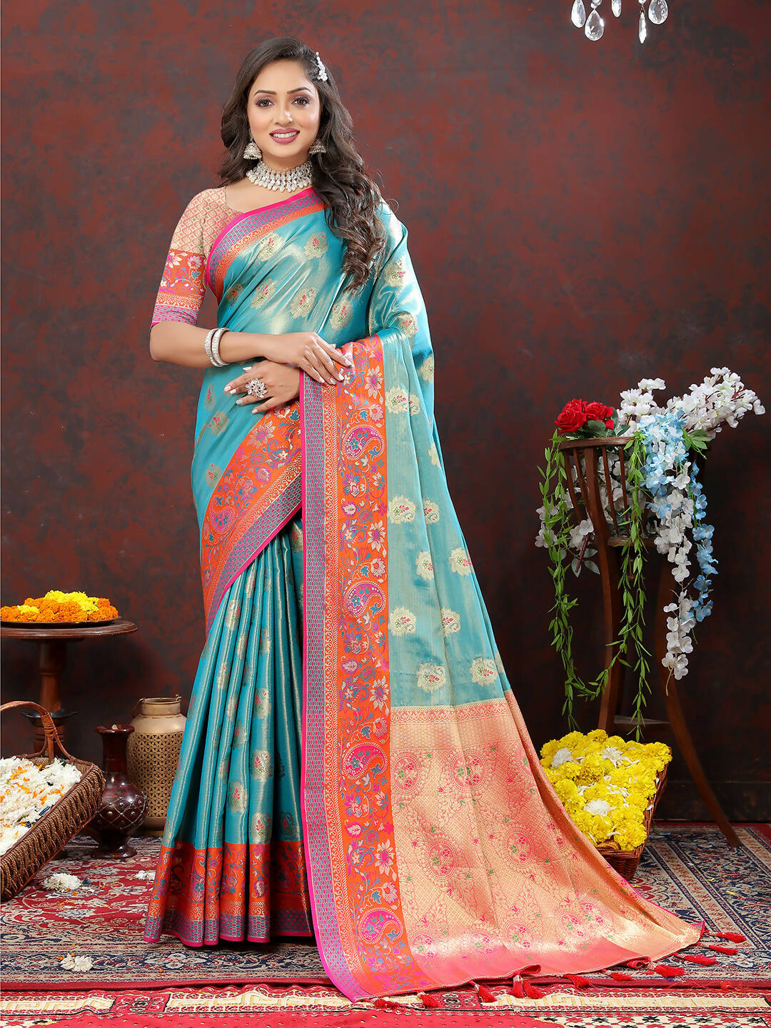 Lorenvalley Fashion Skyblue Kanjivaram Silk Woven Design with Zari Weaving Saree - Swadesiicart