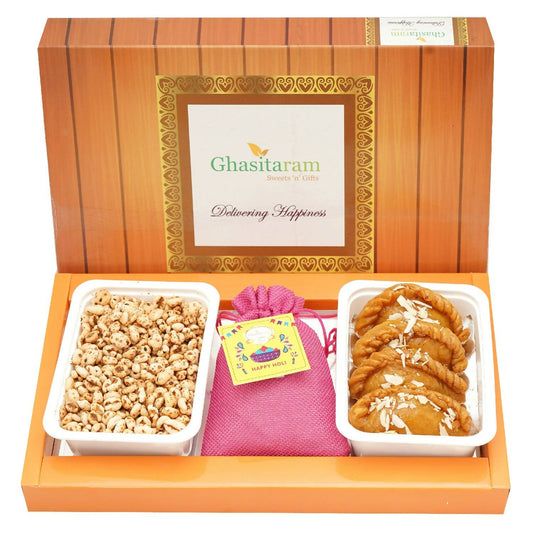 Ghasitaram Assorted Box of Sugarfree Gujiyas, Wheat Puffs and Thandai | Swadesiicart