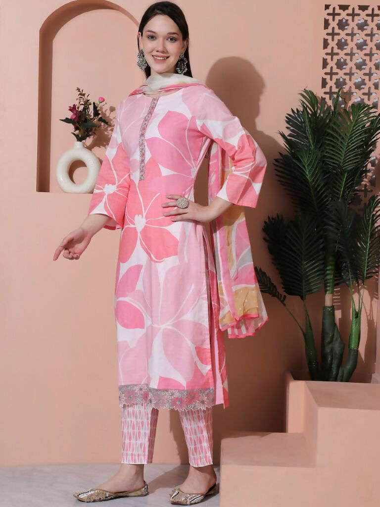 Jyoti Fashion Women's Pink Cotton Floral Digital Print & Floral Embroidered Cutwork Border Sequins Work Kurta with Trouser & Dupatta | Swadesiicart