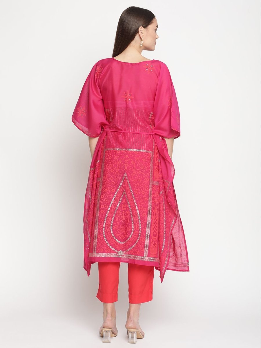 Ahalyaa Pink Chanderi Orange khari Print Kaftan With Trouser | Swadesiicart