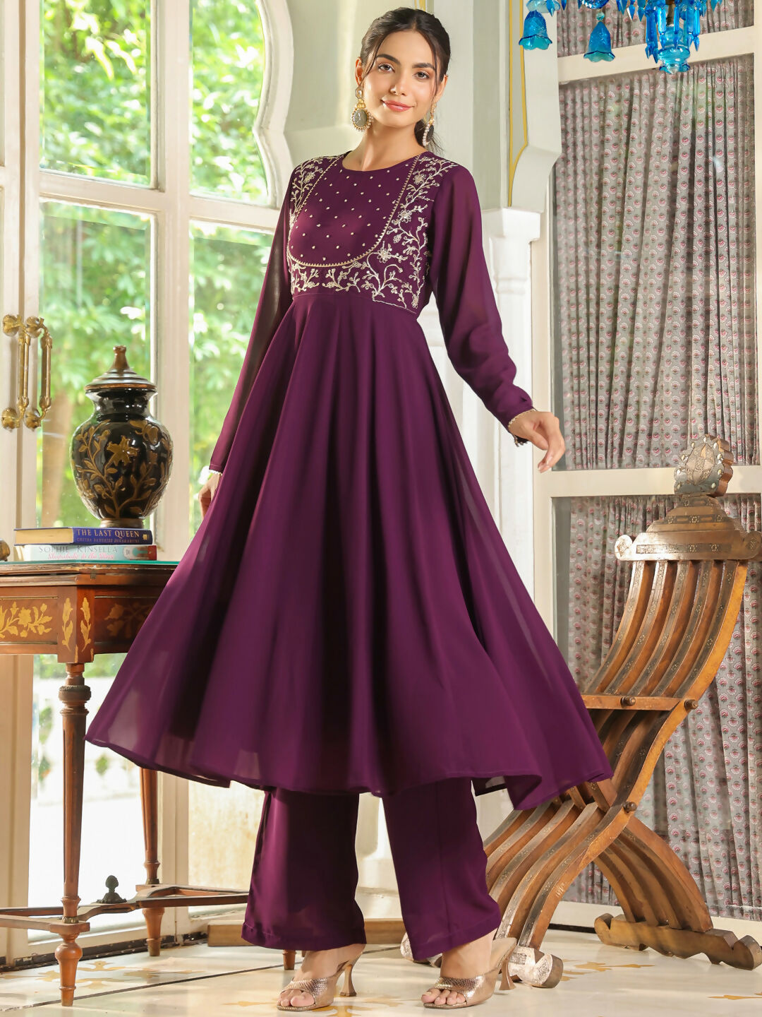Janasya Purple Georgette Embroidered Kurta,Bottom & Dupatta | Swadesiicart