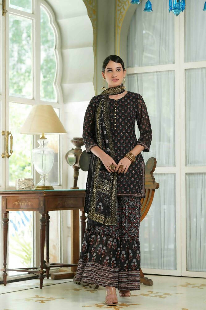 Juniper Black Georgette Festive Floral Print Straight Tunic-Sharara For Women | Swadesiicart