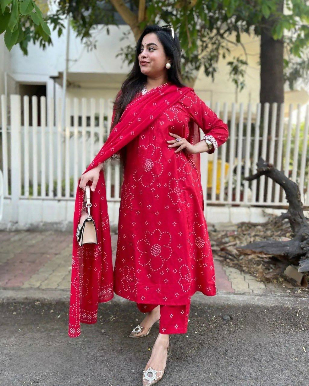 The52 Red Women's Beautiful Rayon Fabric Printed Work Straight Kurta Pant and Dupatta Set - Swadesiicart