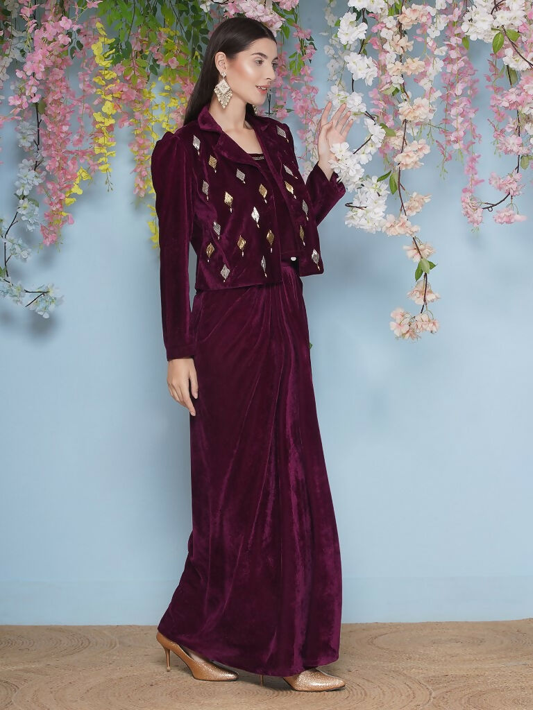Joban Fashion Wine Hand Embellished Jacket with inner and skirt - Swadesiicart
