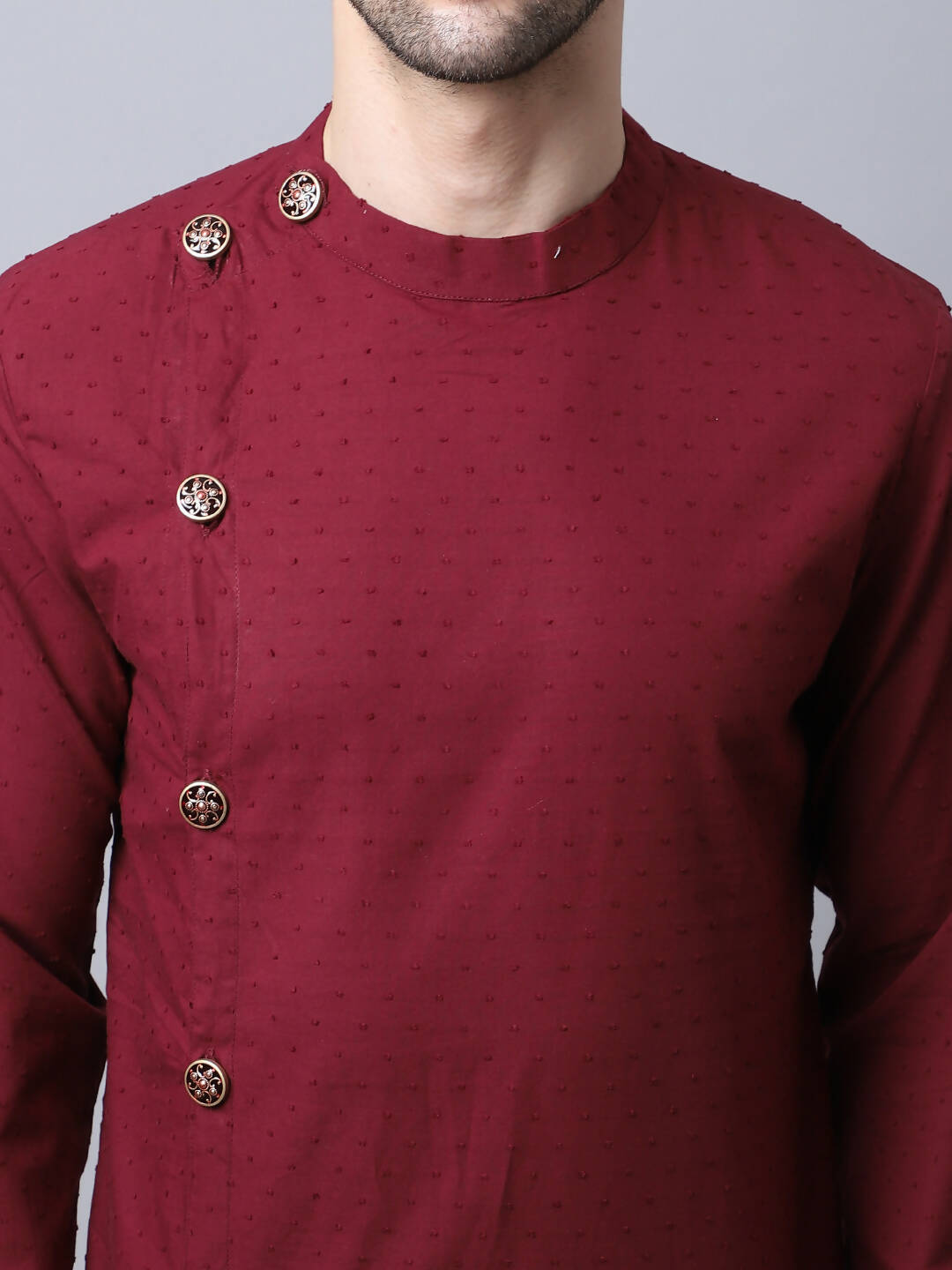 Even Apparels Maroon Pure Cotton Sherwani Men's Kurta With Asymetrical Cut | Swadesiicart