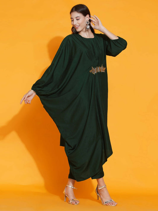 Women Republic Green Fusion Style Kurta With Hand Embellishment And Pants | Swadesiicart