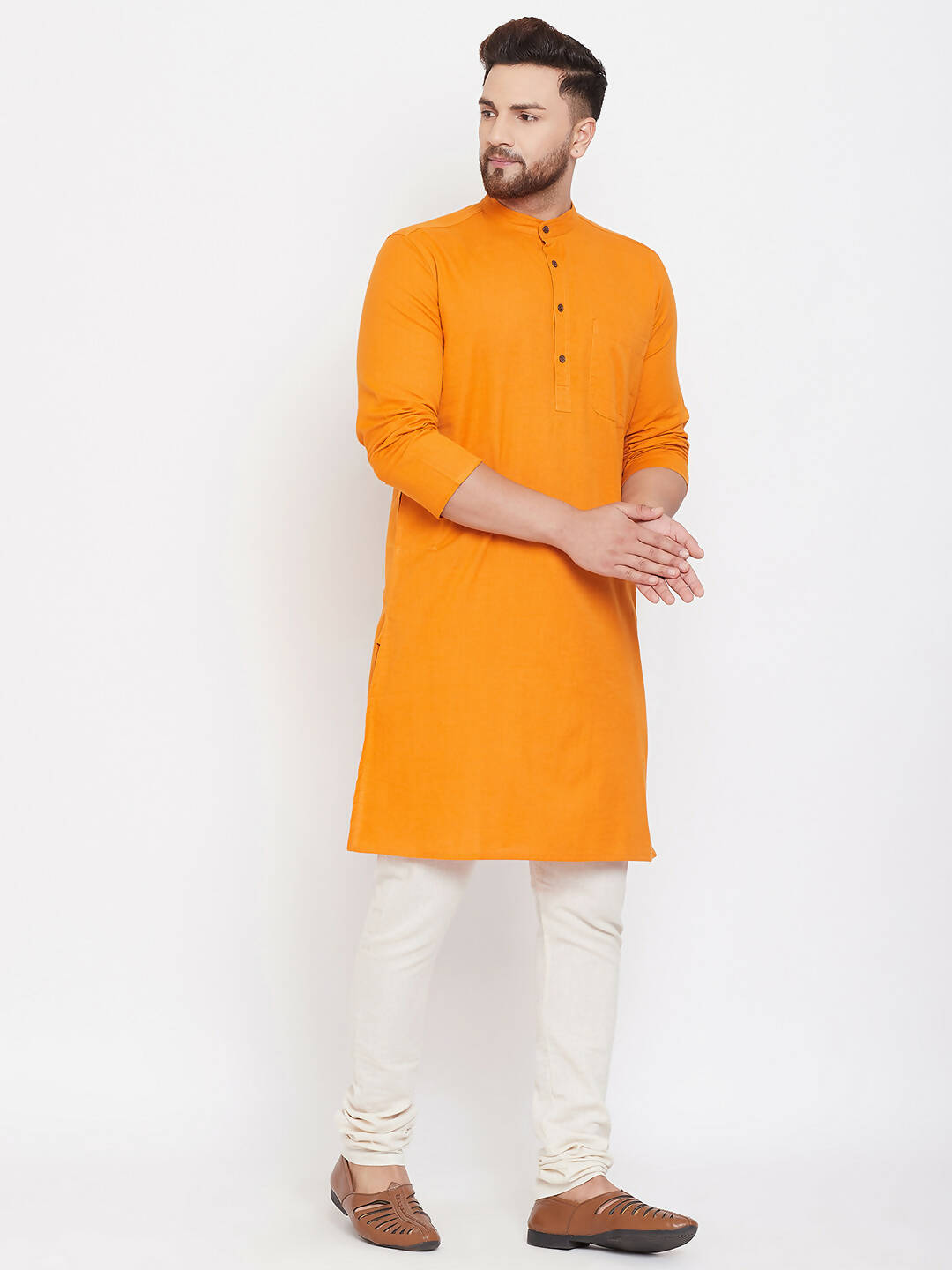 Even Apparels Pure Cotton Men's Kurta With Band Collar in Yellow Color | Swadesiicart