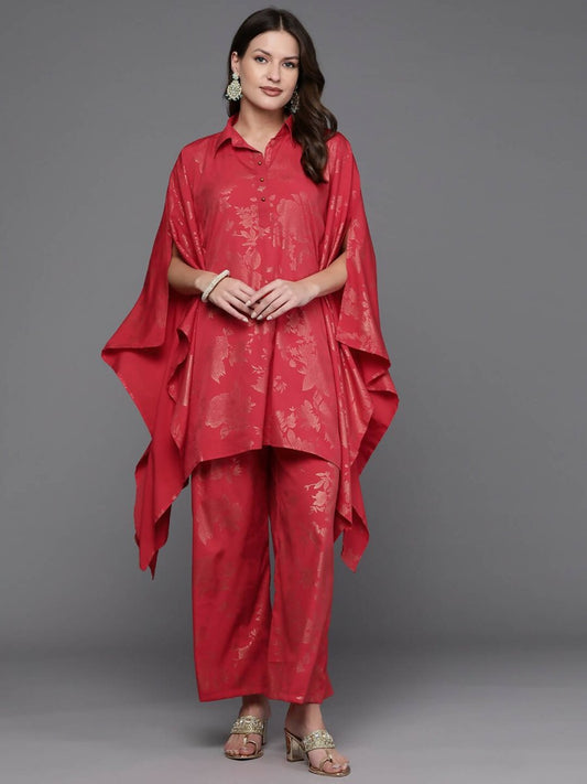 Ahalyaa Women Floral Printed Tunic with Palazzos - Red Color | Swadesiicart