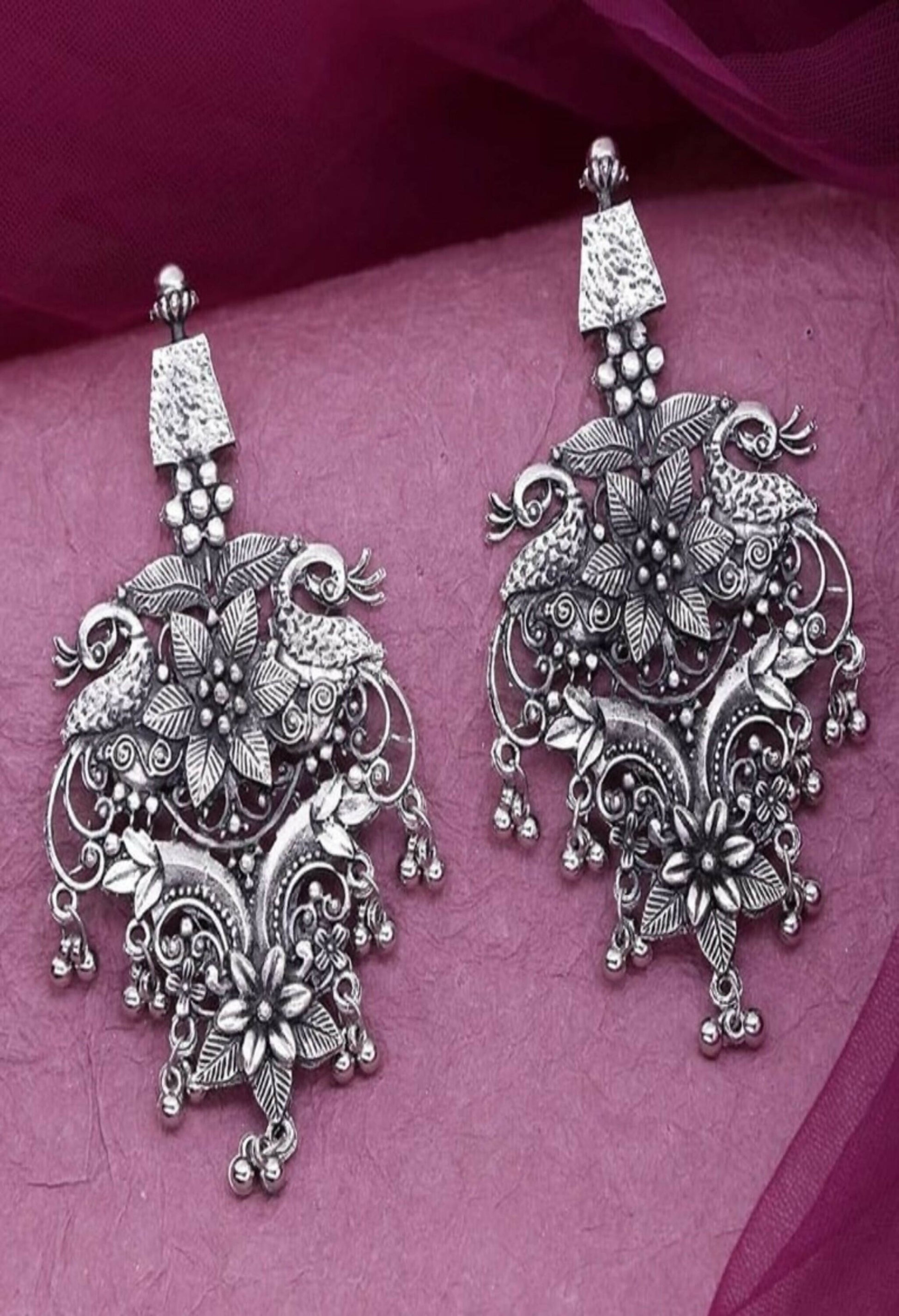 Mominos Fashion Joharkamal Silver-Plated Peacock Design Drop Earrings For Women - Mominos Fashion