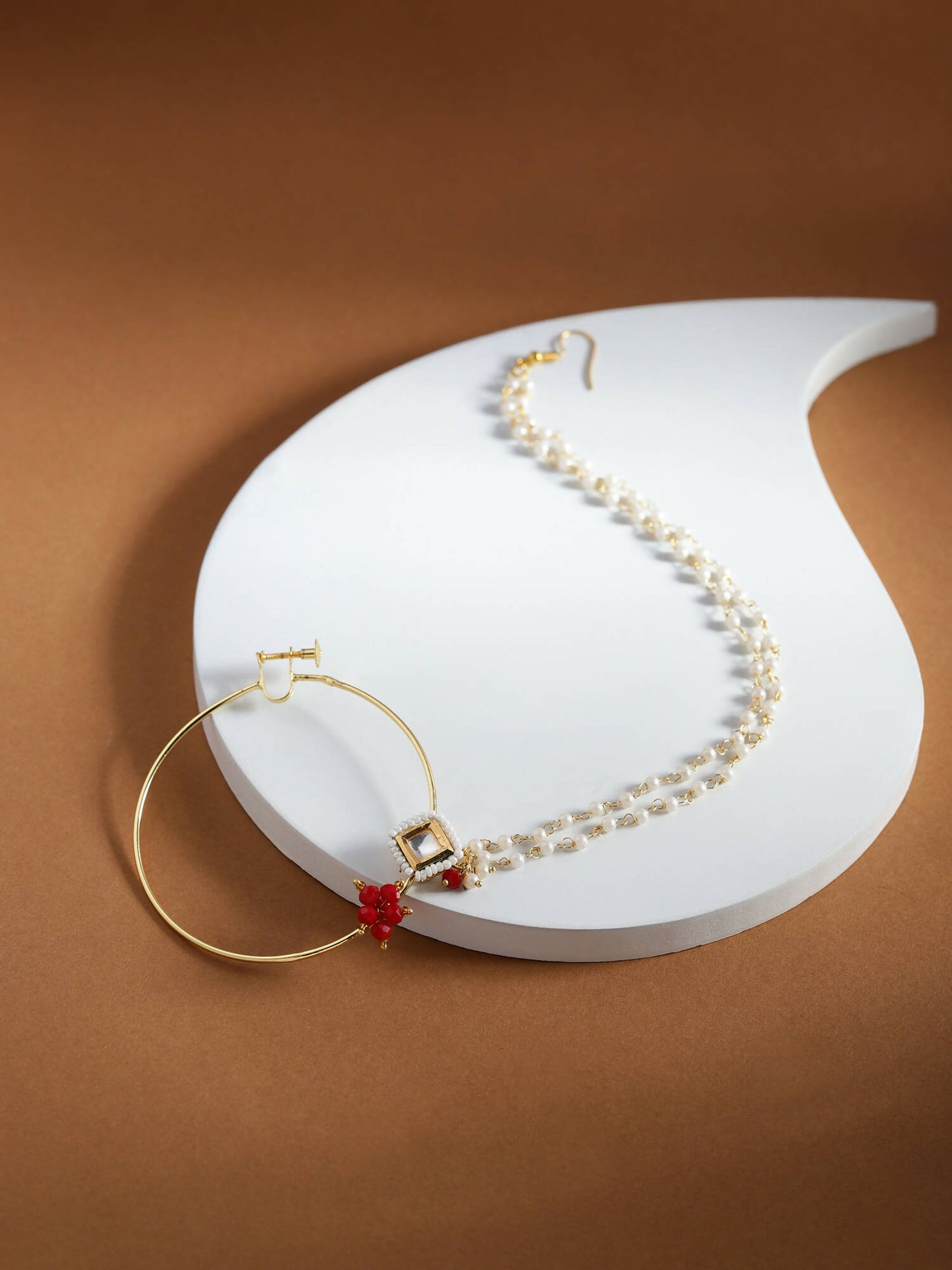 Gold-Polished White Red Kundan-Studded Pearl Beaded Nosepin - Ruby Raang | Swadesiicart