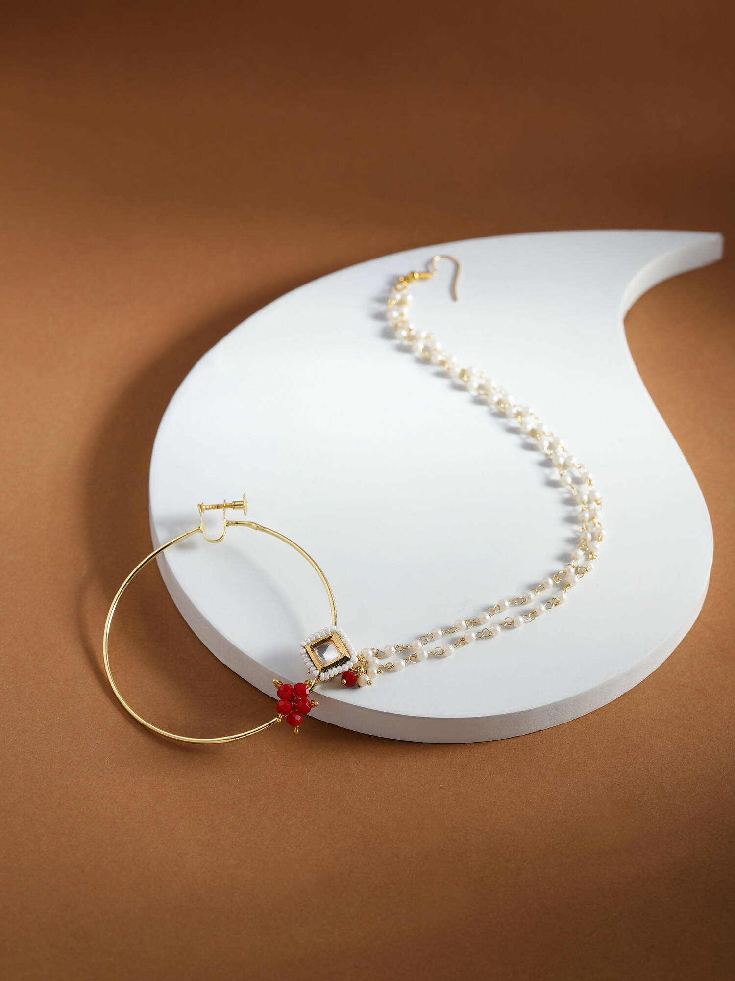 Gold-Polished White Red Kundan-Studded Pearl Beaded Nosepin - Ruby Raang | Swadesiicart