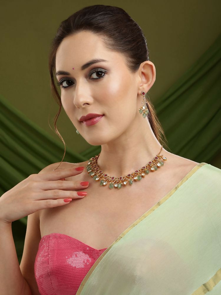 Natural Stones Antique Finish Earrings and Choker Necklace set - Ruby Raang | Swadesiicart