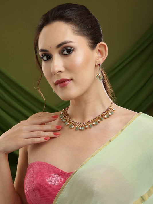 Natural Stones Antique Finish Earrings and Choker Necklace set - Ruby Raang | Swadesiicart