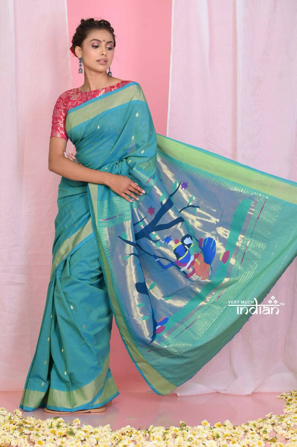 Very Much Indian Handloom Pure Cotton Paithani -Turquoise Blue | Swadesiicart