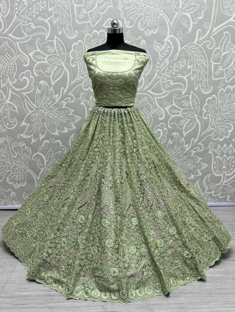 Jyoti Fashion Women's Pista Green Bridal Net Fancy Dori, Multi Thread, Hand Mirror and Diamond Work Wedding Lehenga Choli | Swadesiicart