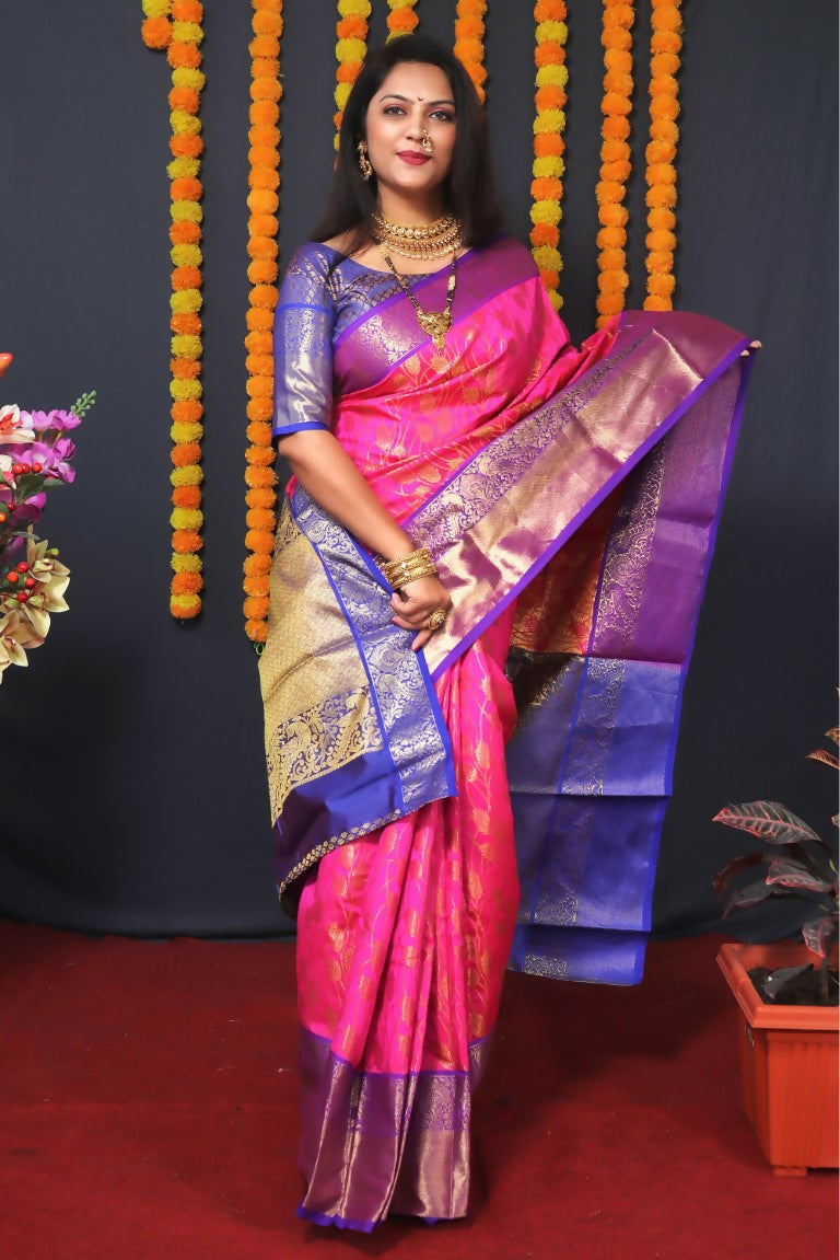 Jyoti Fashion Women's Pink Kanjivaram Silk Zari Woven Saree with Blouse | Swadesiicart