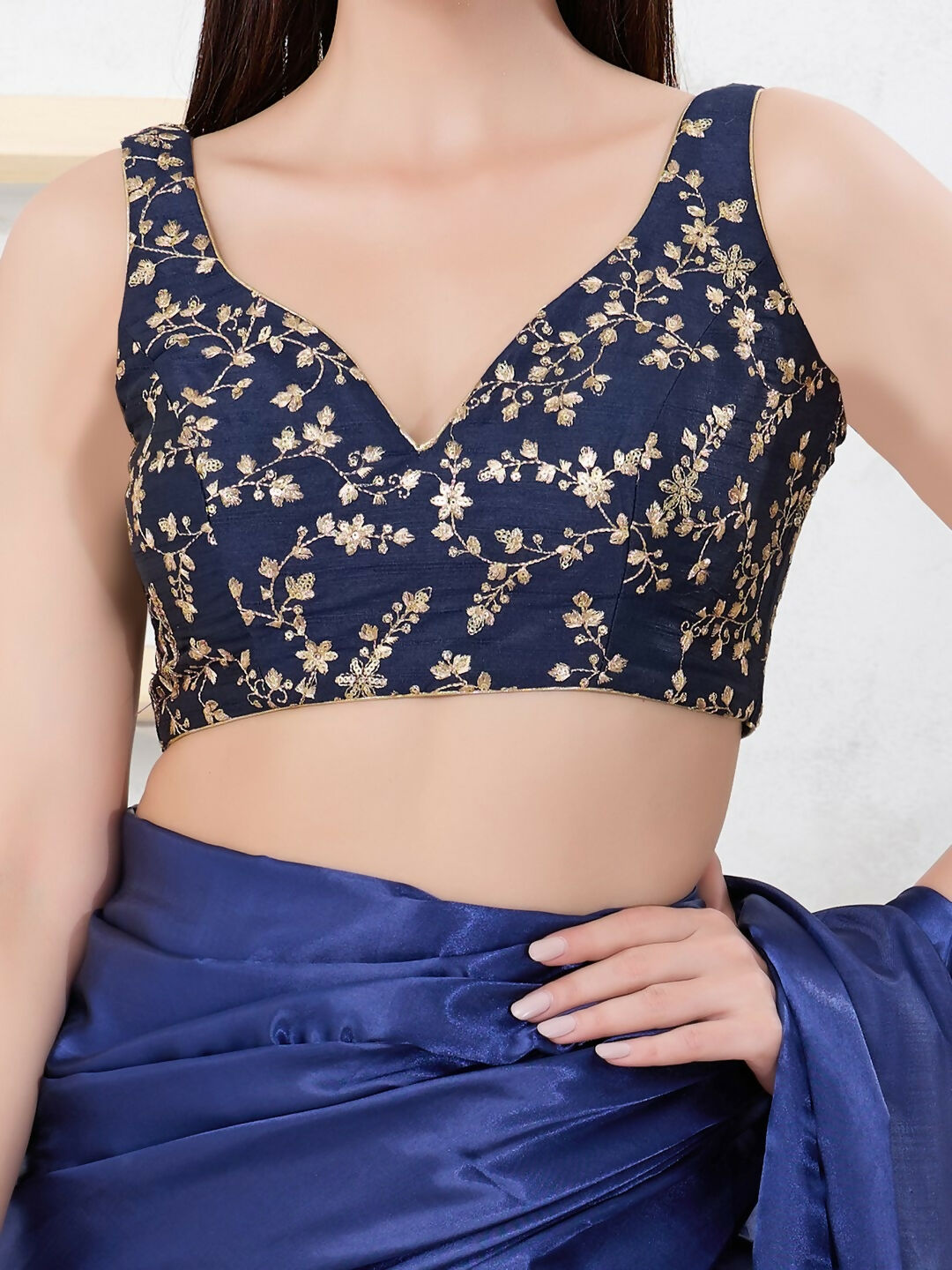 Joban Fashion Navy-Blue Mulberry Silk Sleeveless Back Open Blouse - Swadesiicart