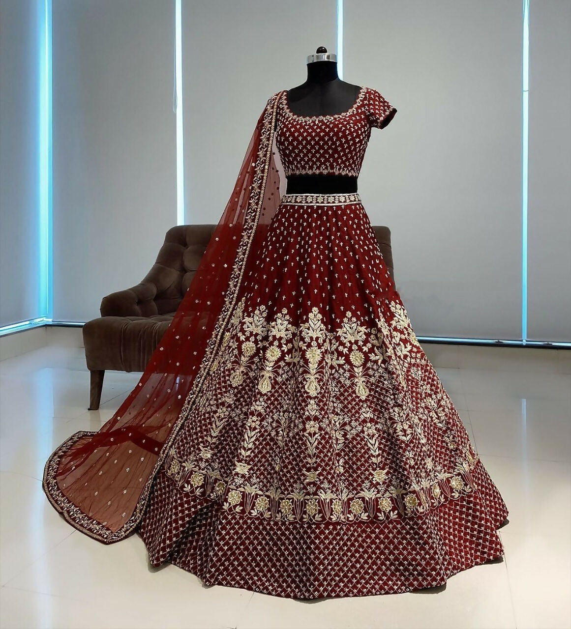 Jyoti Fashion Gorgeous Maroon Taffeta Satin Silk Sequins with Zari Thread & Coding Dori Embroidery Lehenga Choli with Dupatta | Swadesiicart