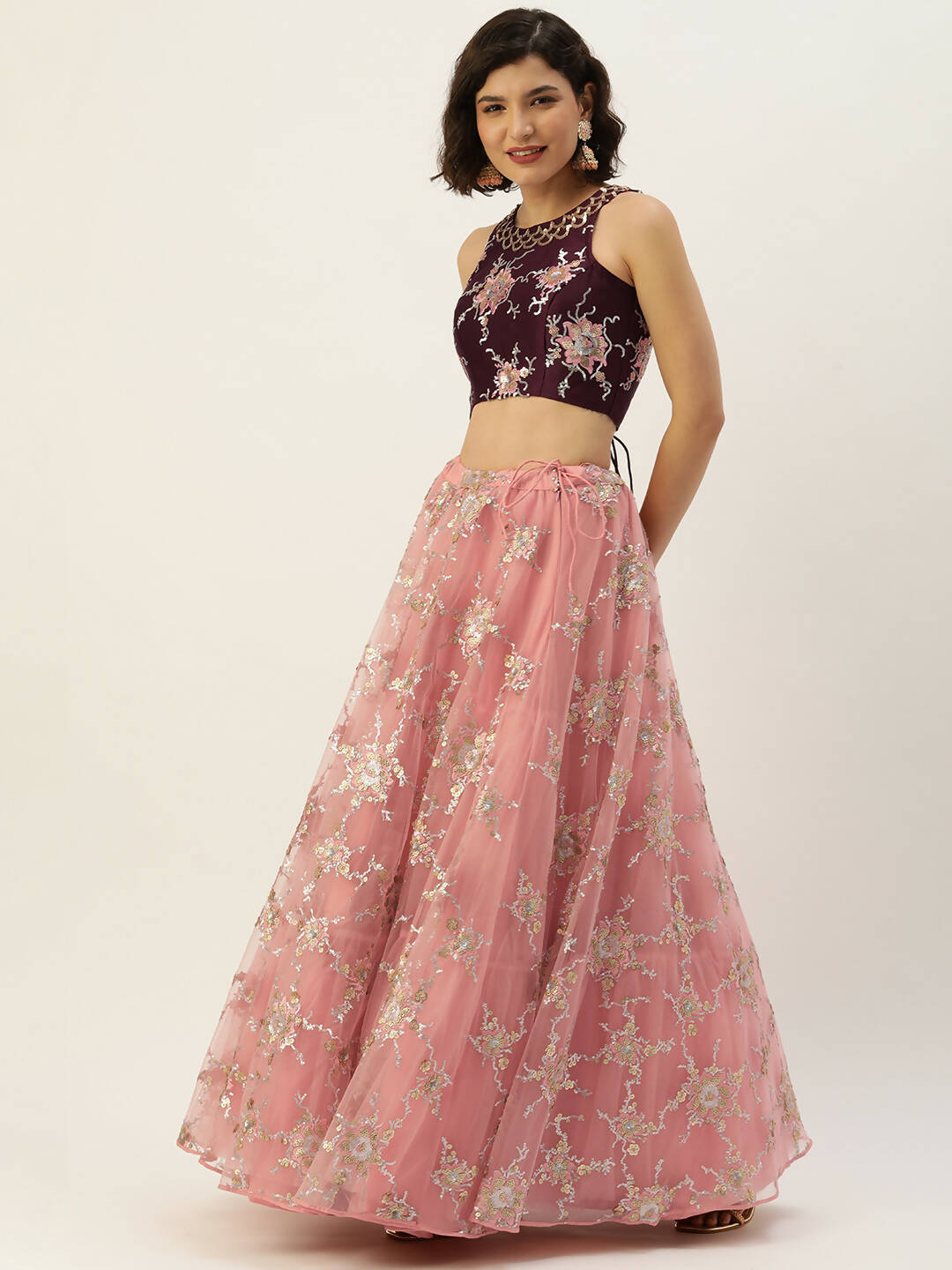 House of Panchhi Pink Net Sequins Embroideried Lehenga | Swadesiicart