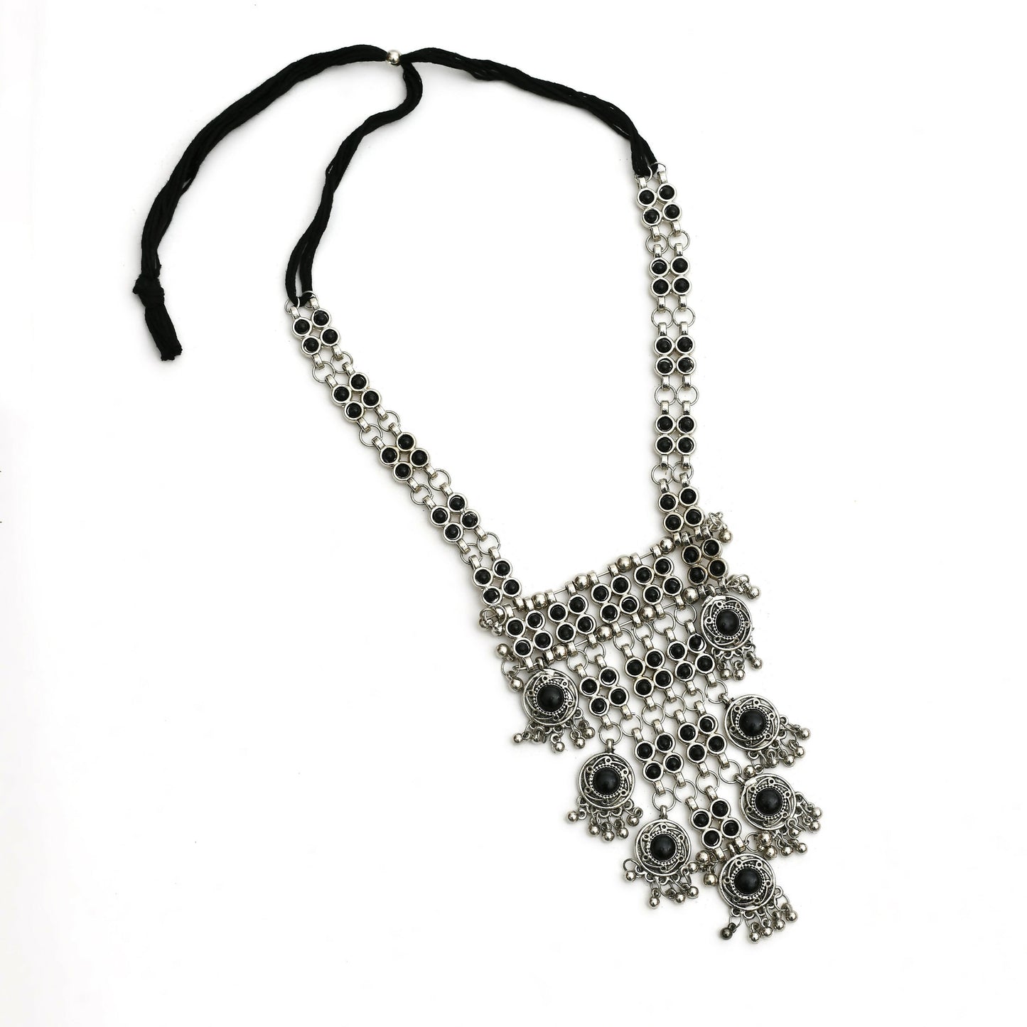 Mominos Fashion Johar Kamal Oxidised Silver-Plated Brass Finish Black Kundan Afghani Long Necklace For Women | Swadesiicart
