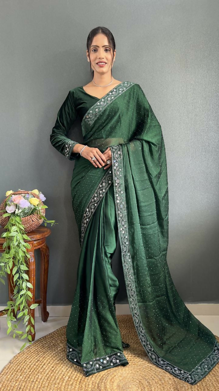 Vastranavya Green Rangoli Silk Real Mirror work with Swarovski work Ready to Wear Saree | Swadesiicart