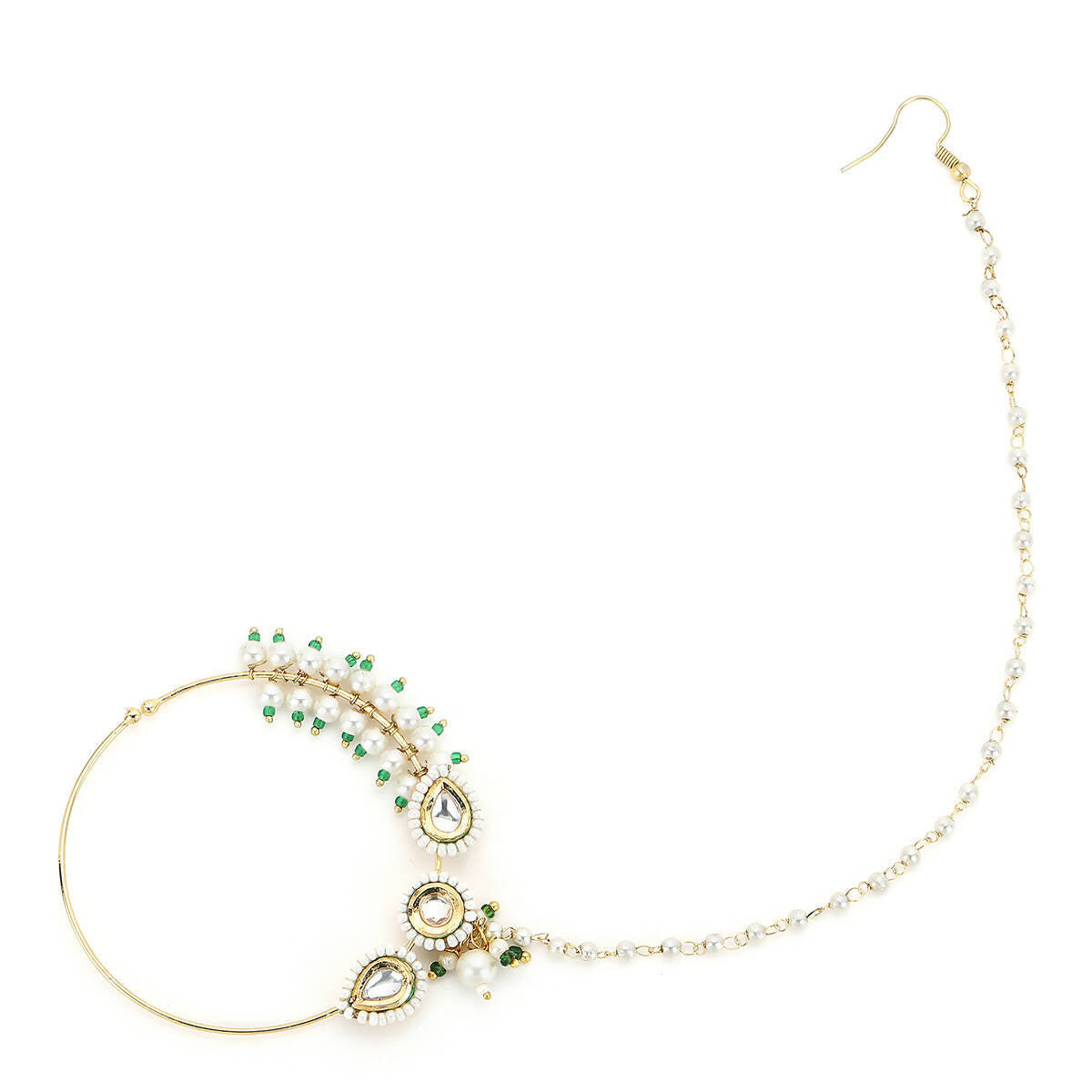 Gold-Polished White Kundan Studded Pearl Beaded Nose Pin - Ruby Raang | Swadesiicart